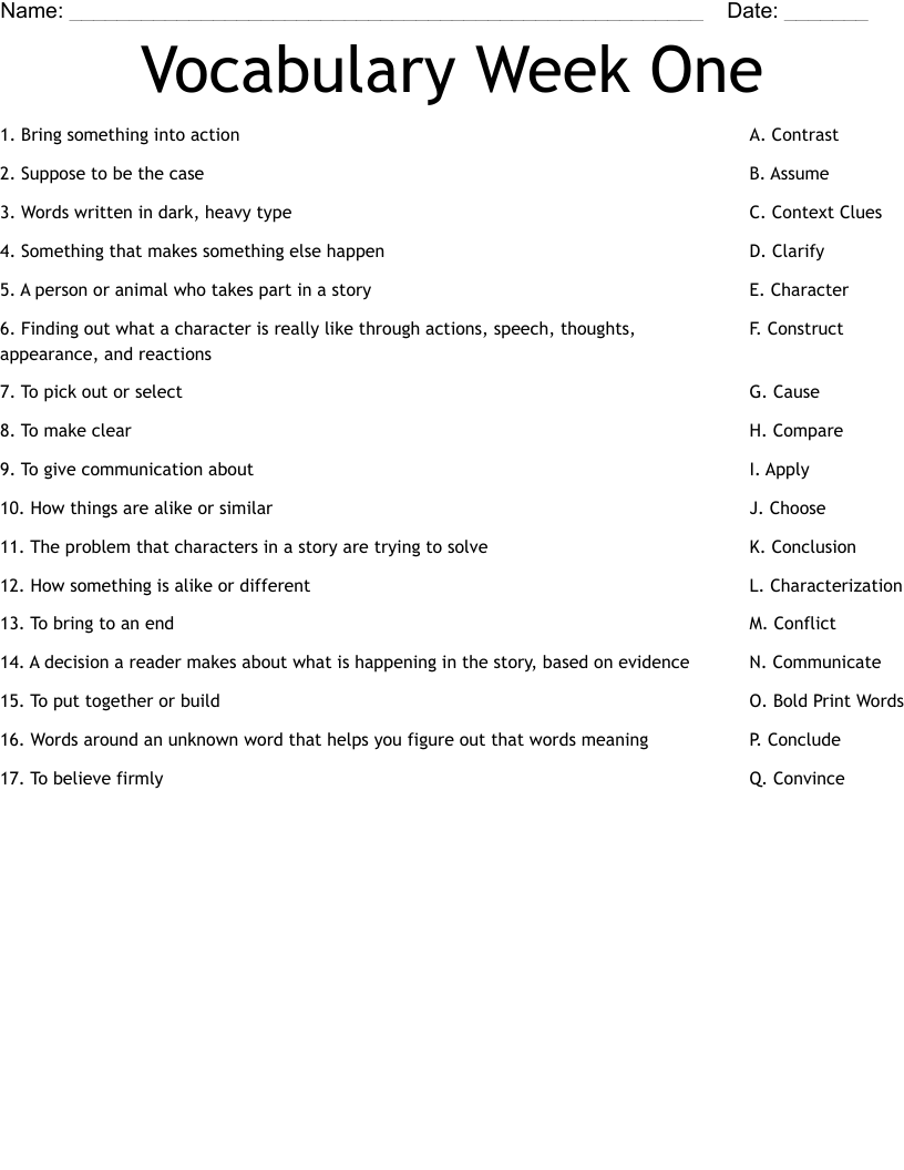 Vocabulary Week One Worksheet