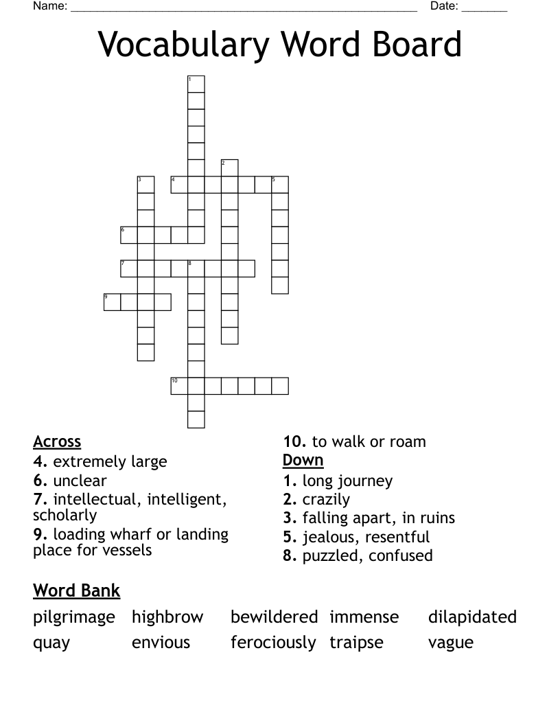 Vocabulary Word Board Crossword