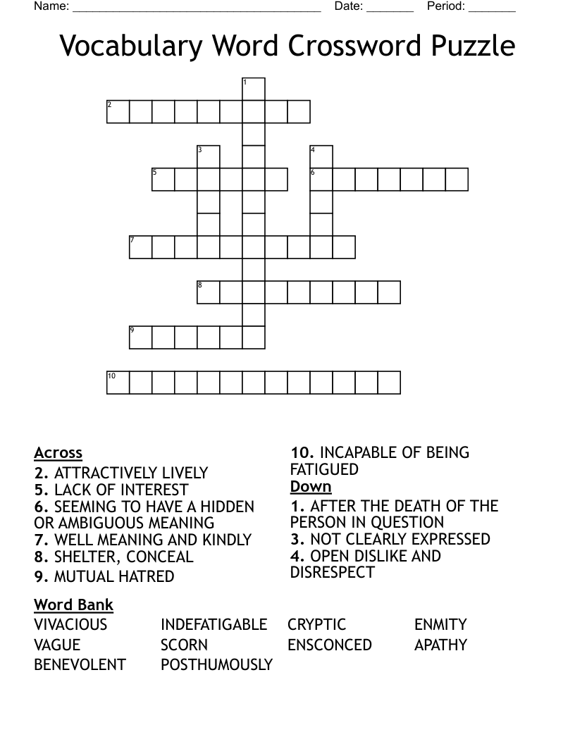 Vocabulary Word Crossword Puzzle