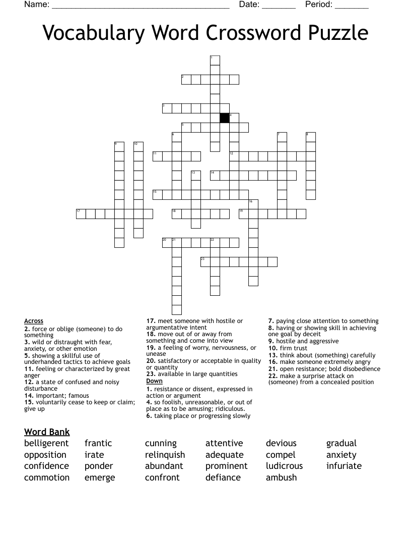 Vocabulary Word Crossword Puzzle
