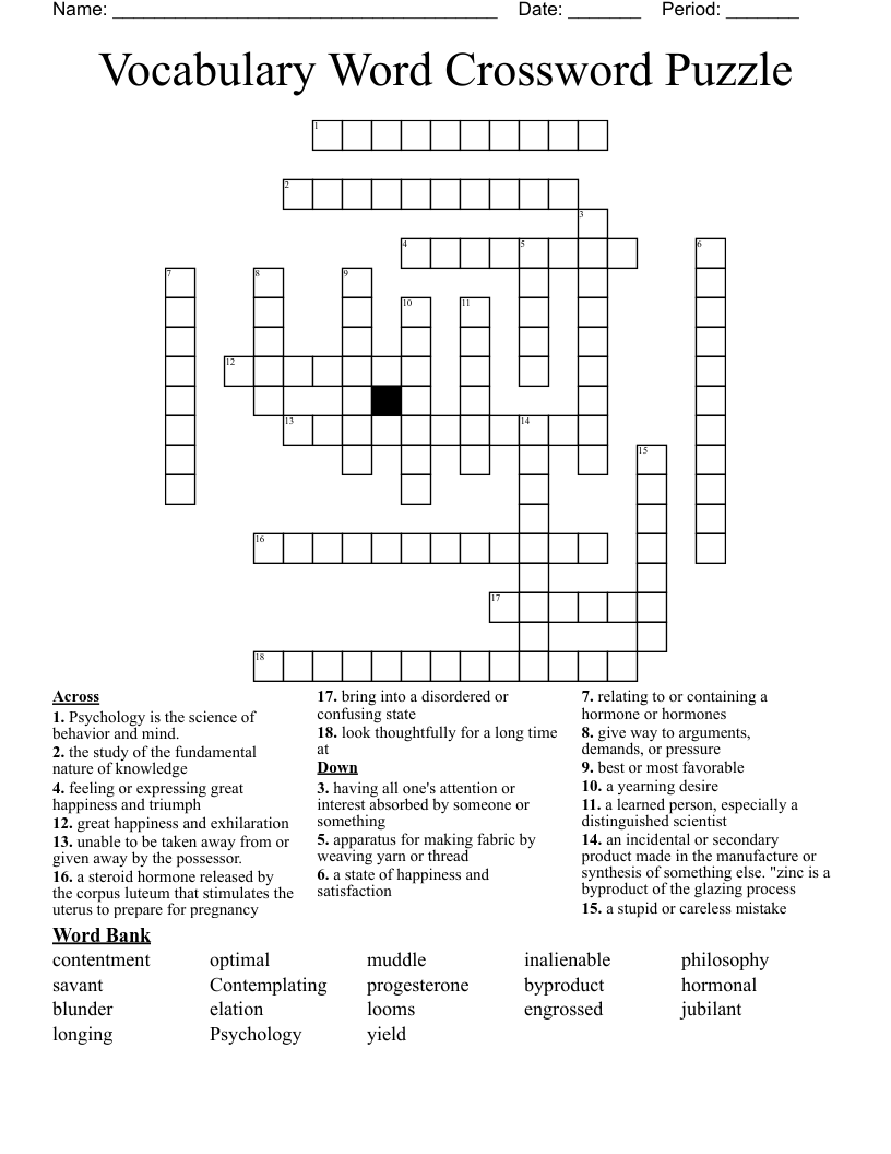 Vocabulary Word Crossword Puzzle 