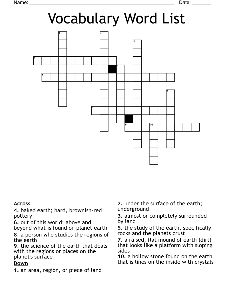Vocabulary Word List Crossword
