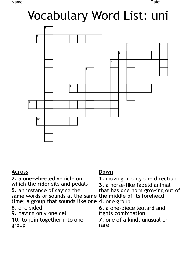 Vocabulary Word List:  uni Crossword