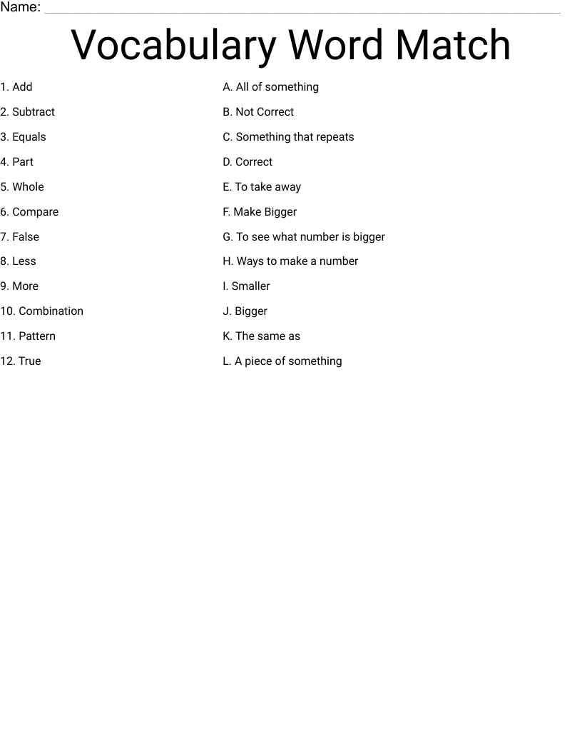 Vocabulary Word Match Worksheet