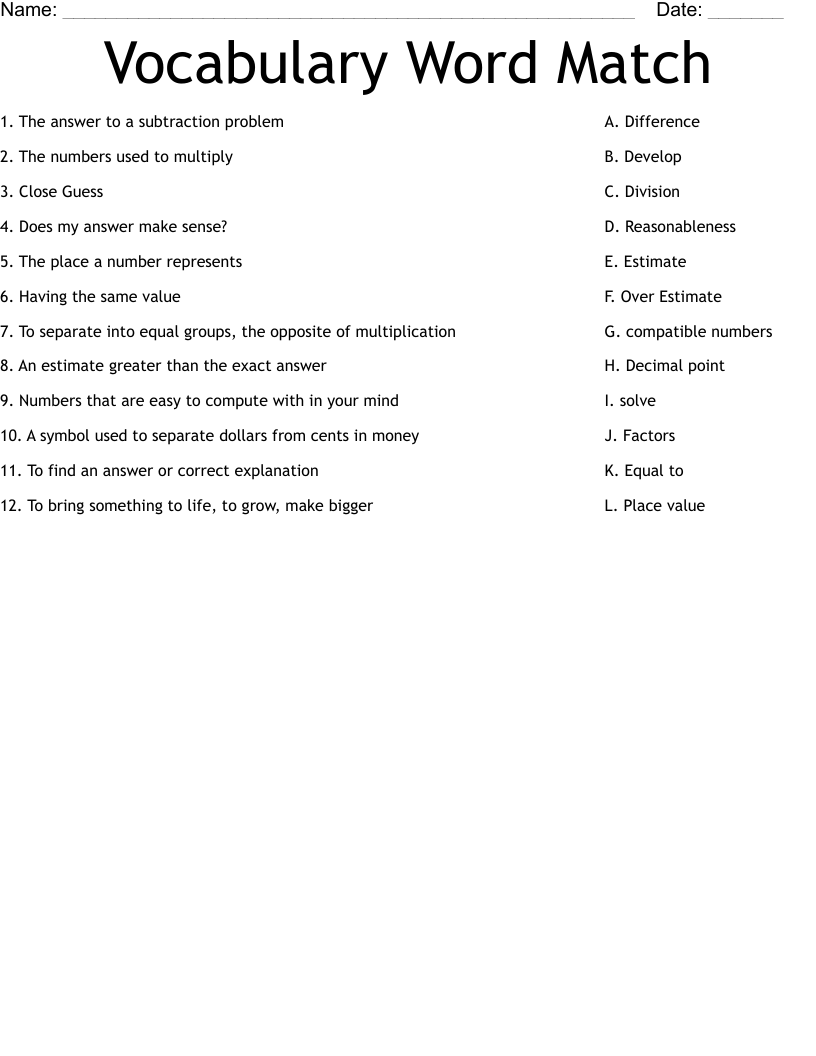 Vocabulary Word Match Worksheet