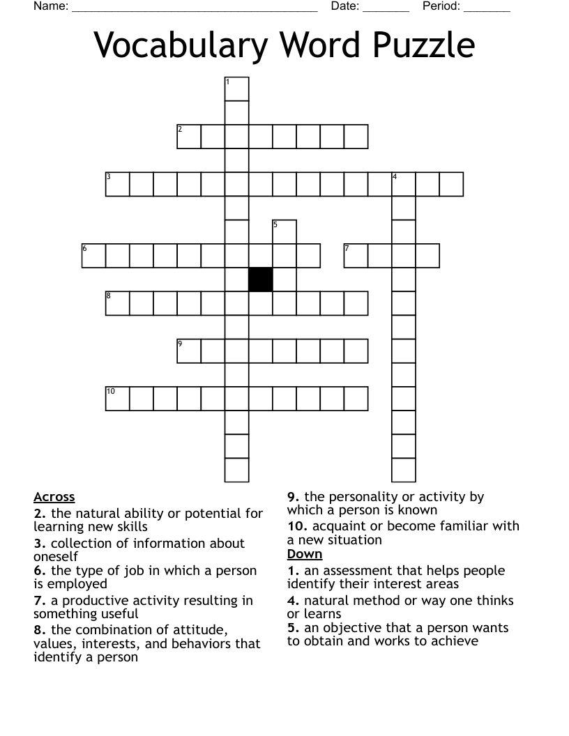 Vocabulary Word Puzzle Crossword