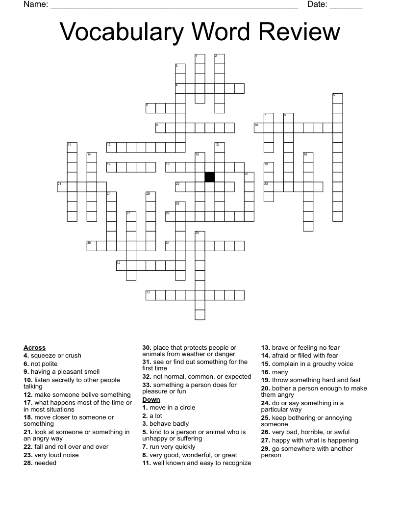 Vocabulary Word Review Crossword