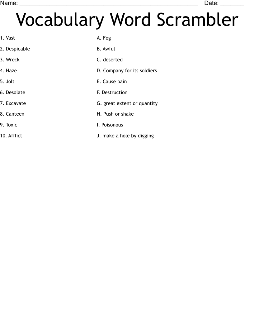 Vocabulary Word Scrambler Worksheet