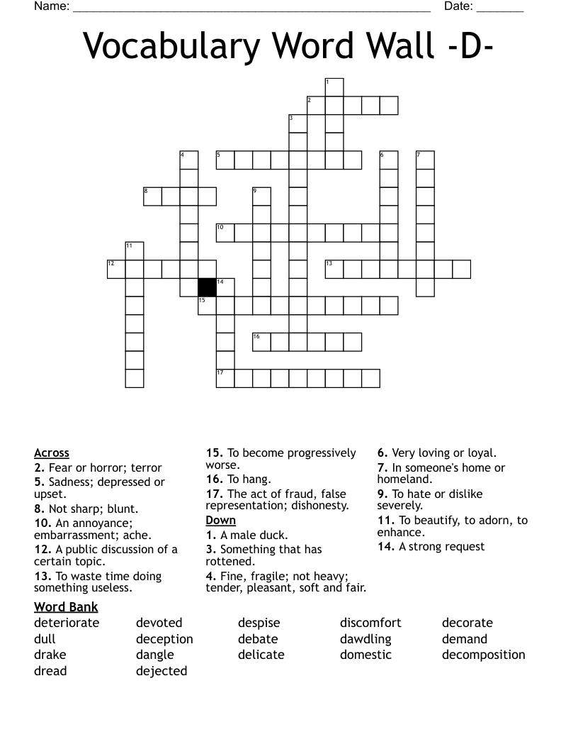 Vocabulary Word Wall -D- Crossword