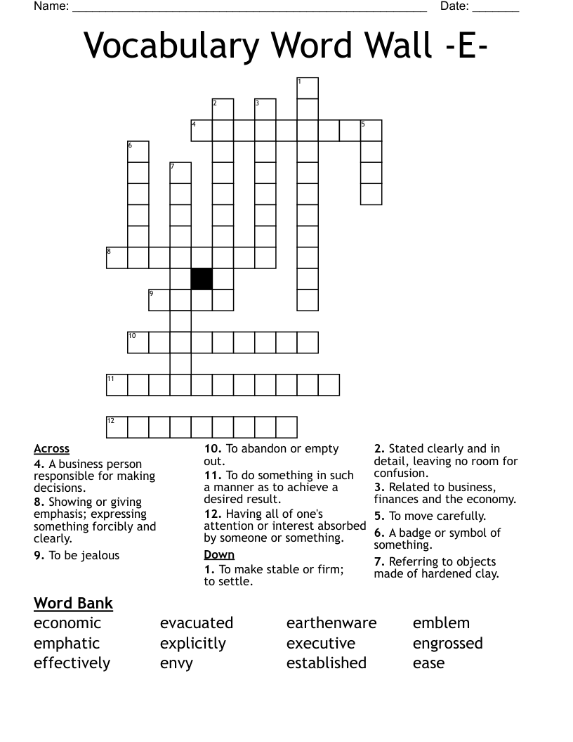 Vocabulary Word Wall -E- Crossword