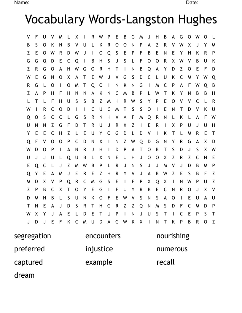 Vocabulary Words-Langston Hughes Word Search