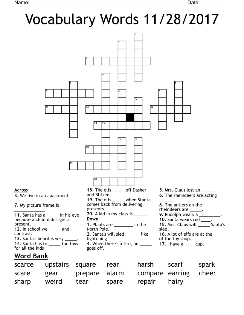 Vocabulary Words 11/28/2017 Crossword
