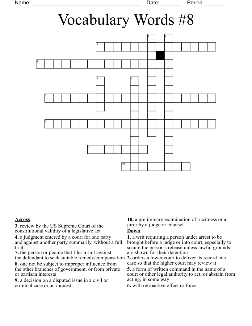 Vocabulary Words #8 Crossword