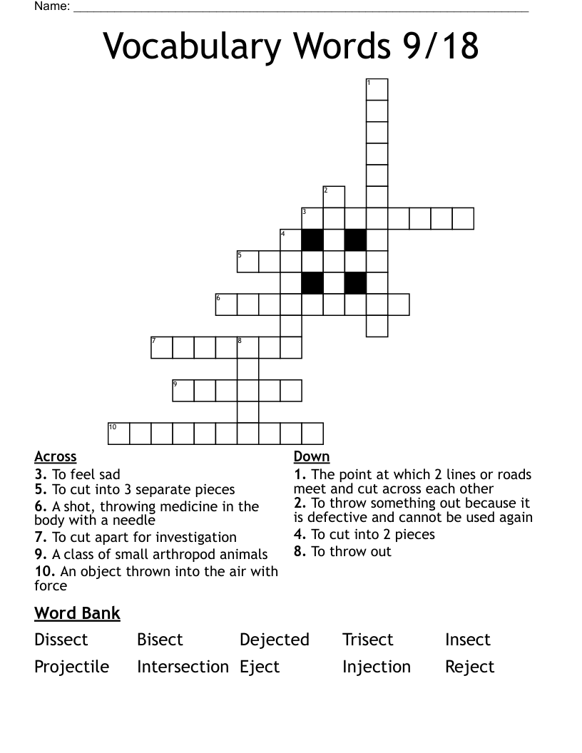Vocabulary Words 9/18 Crossword