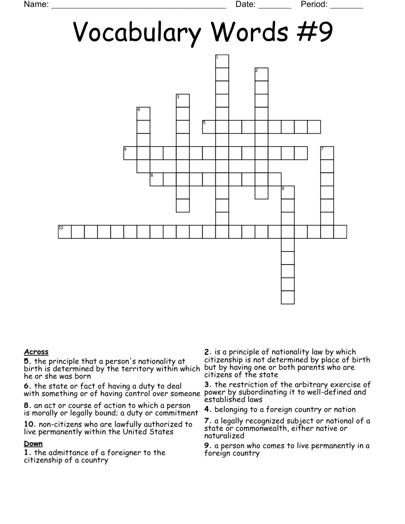 Vocabulary Words #9 Crossword