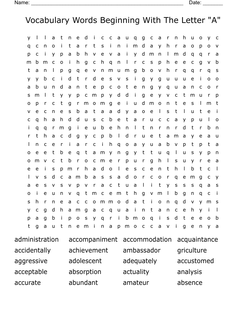 Vocabulary Words Beginning With The Letter "A" Word Search