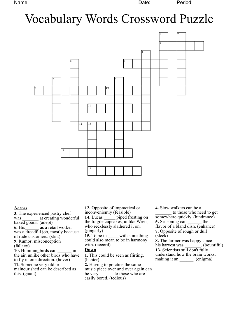 Vocabulary Words Crossword Puzzle
