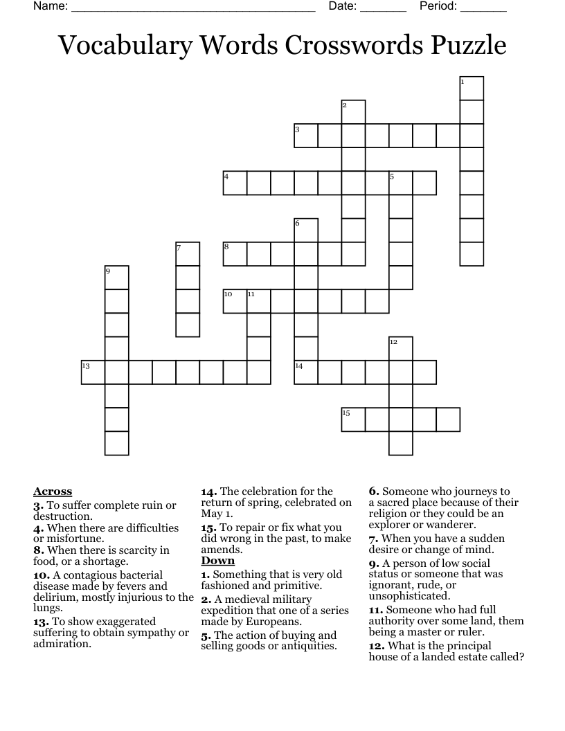 Vocabulary Words Crosswords Puzzle