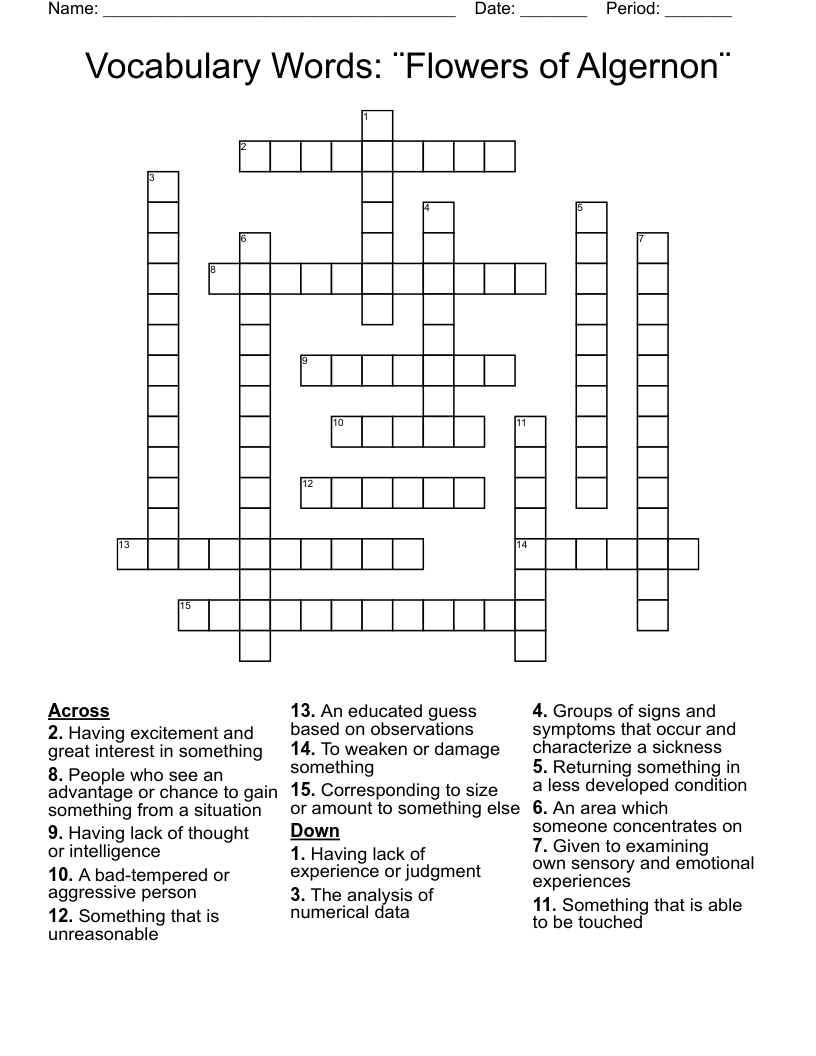 Vocabulary Words: ¨Flowers of Algernon¨ Crossword