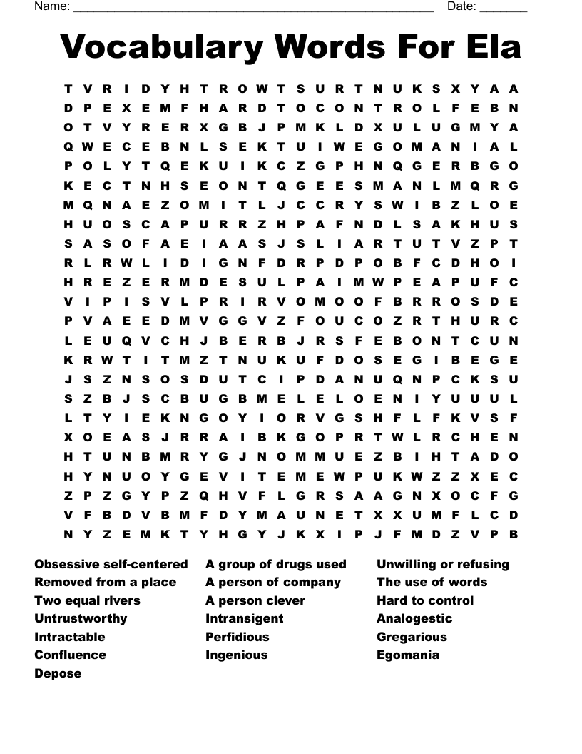 Vocabulary Words For Ela Word Search