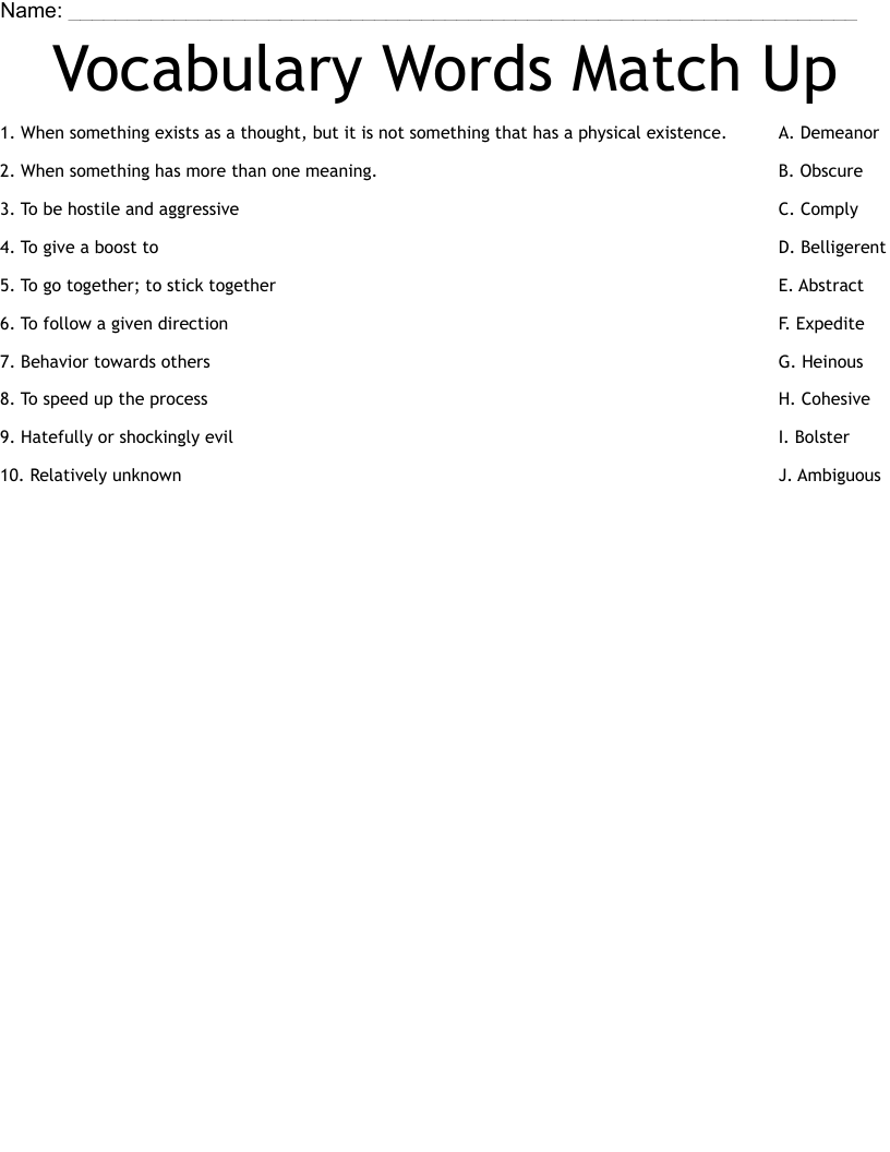 Vocabulary Words Match Up Worksheet