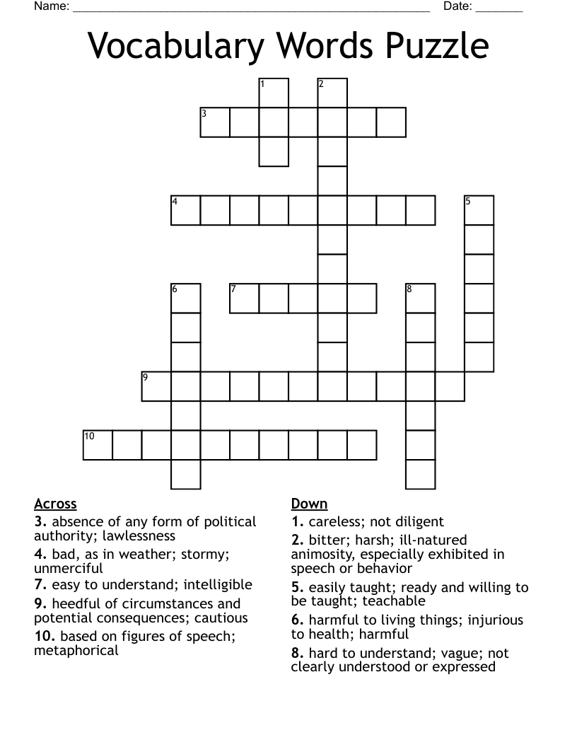 Vocabulary Words Puzzle Crossword