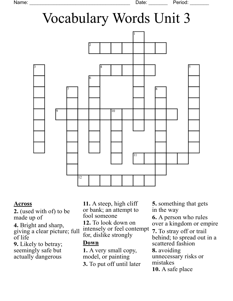 Vocabulary Words Unit 3  Crossword