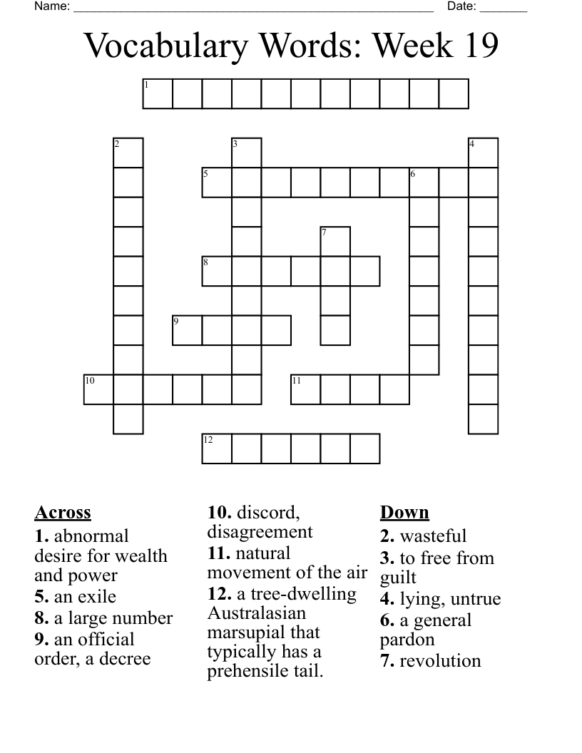 Vocabulary Words: Week 19  Crossword