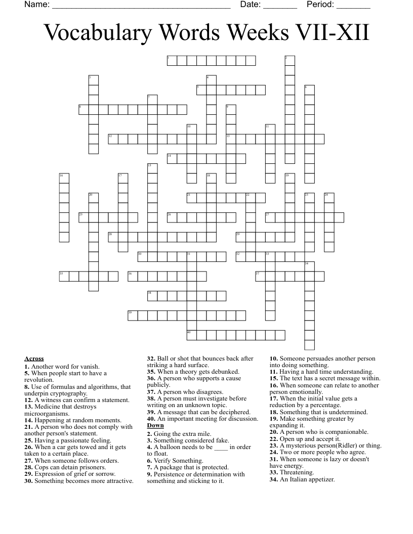 Vocabulary Words Weeks VII-XII Crossword