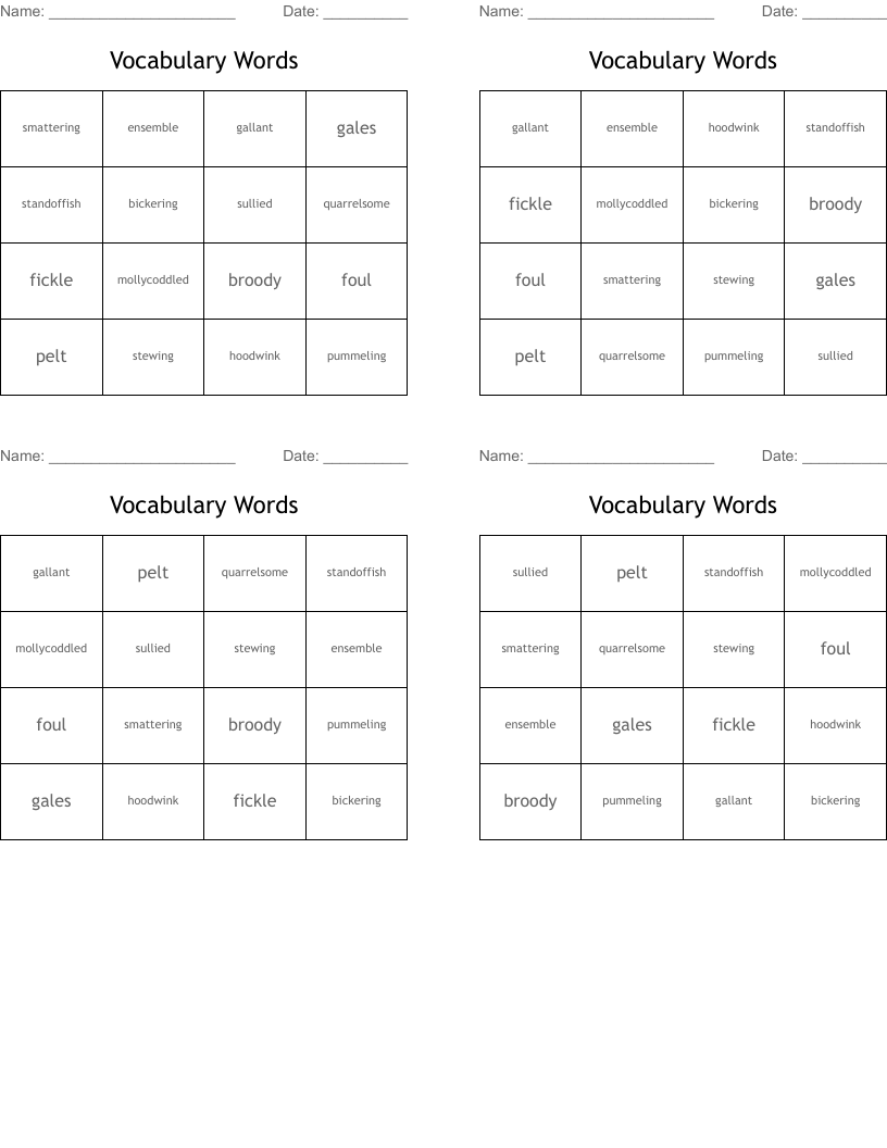 Vocabulary Words  Bingo Cards