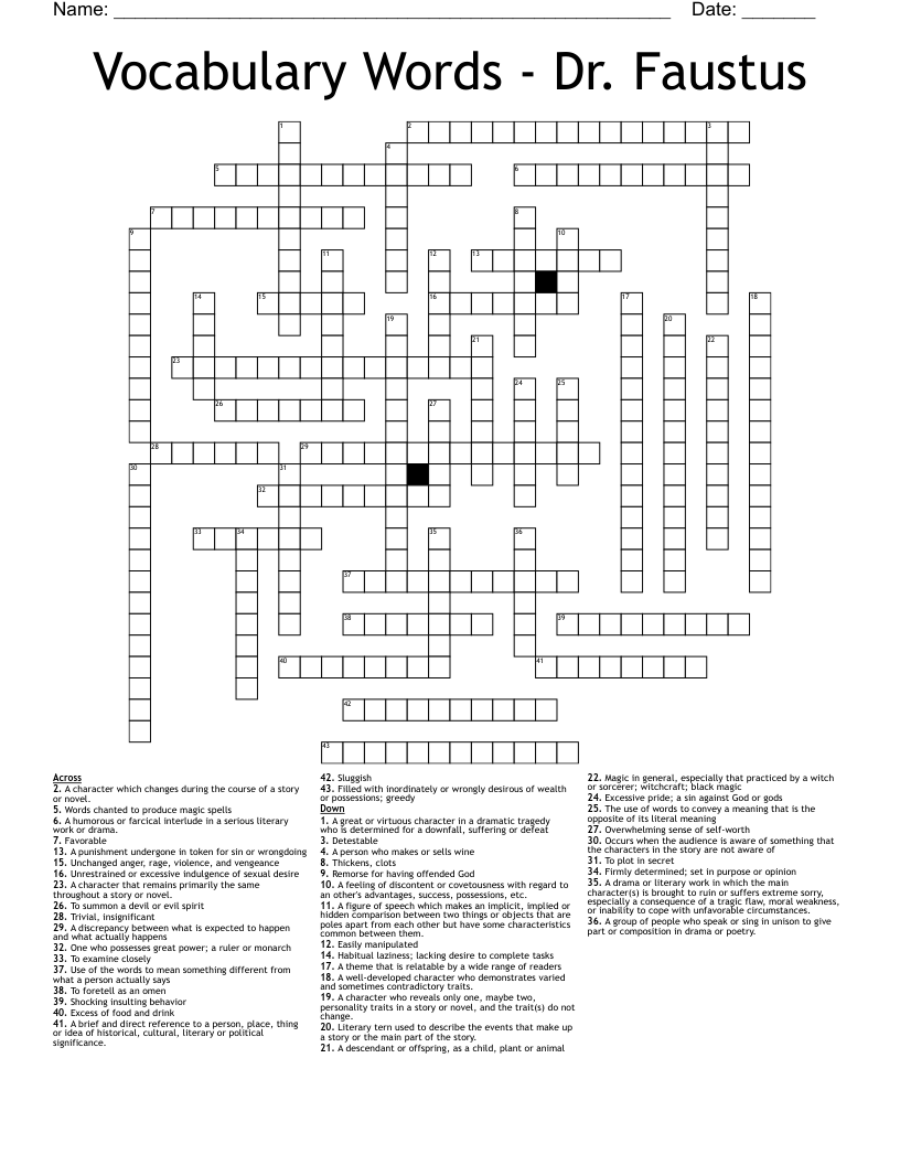 Vocabulary Words - Dr. Faustus Crossword