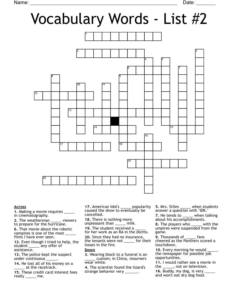 Vocabulary Words - List #2 Crossword