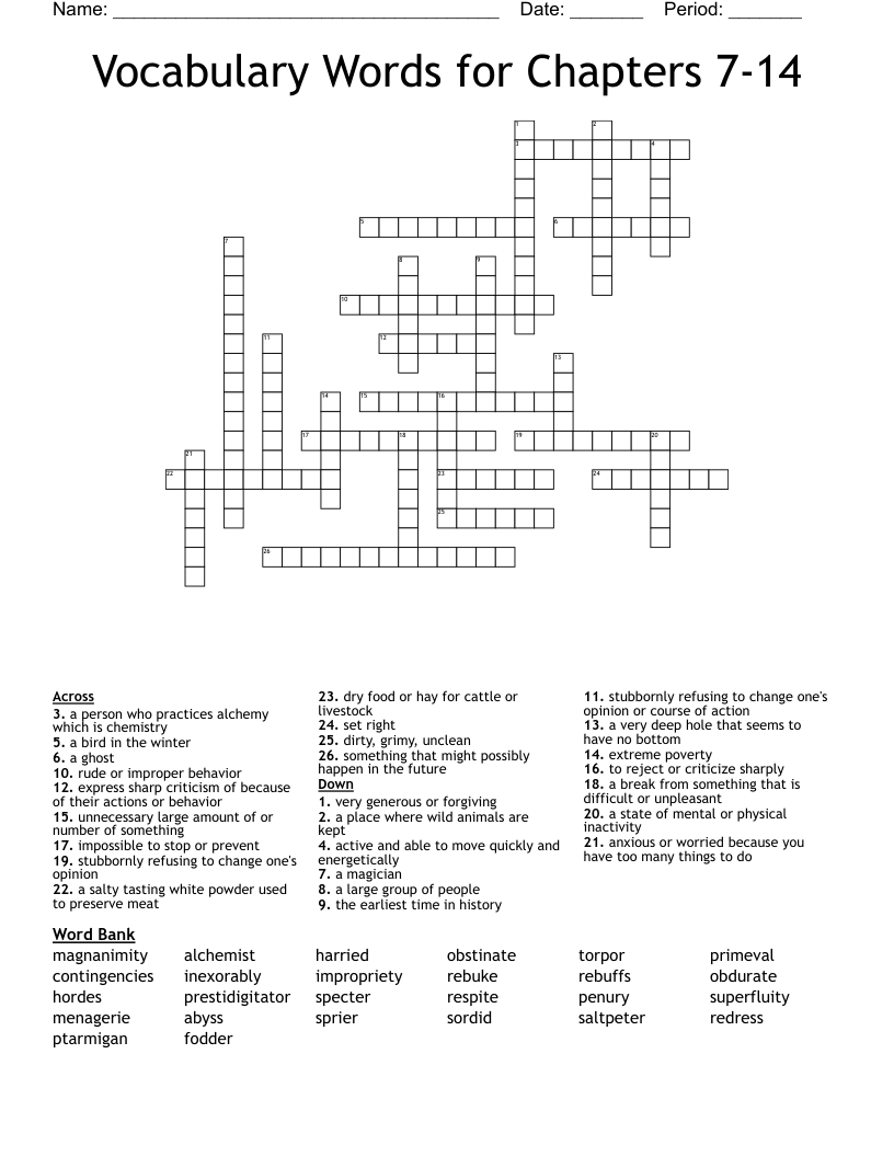 Vocabulary Words for Chapters 7-14 Crossword
