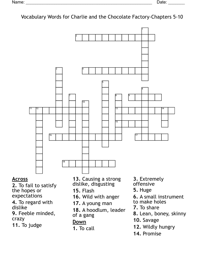 Vocabulary Words for Charlie and the Chocolate Factory-Chapters 5-10 Crossword