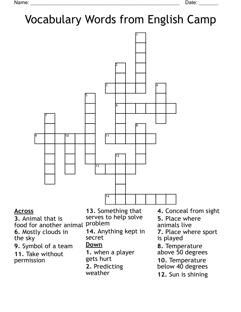 Vocabulary Words from English Camp Crossword