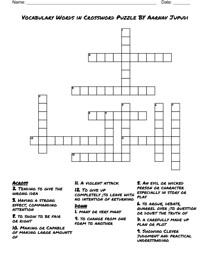 Vocabulary Words in Crossword Puzzle BY Aarnav Jupudi