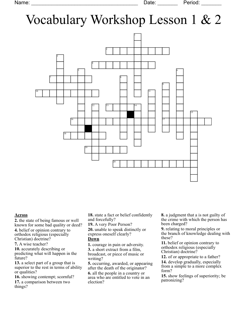 Vocabulary Workshop Lesson 1 & 2 Crossword
