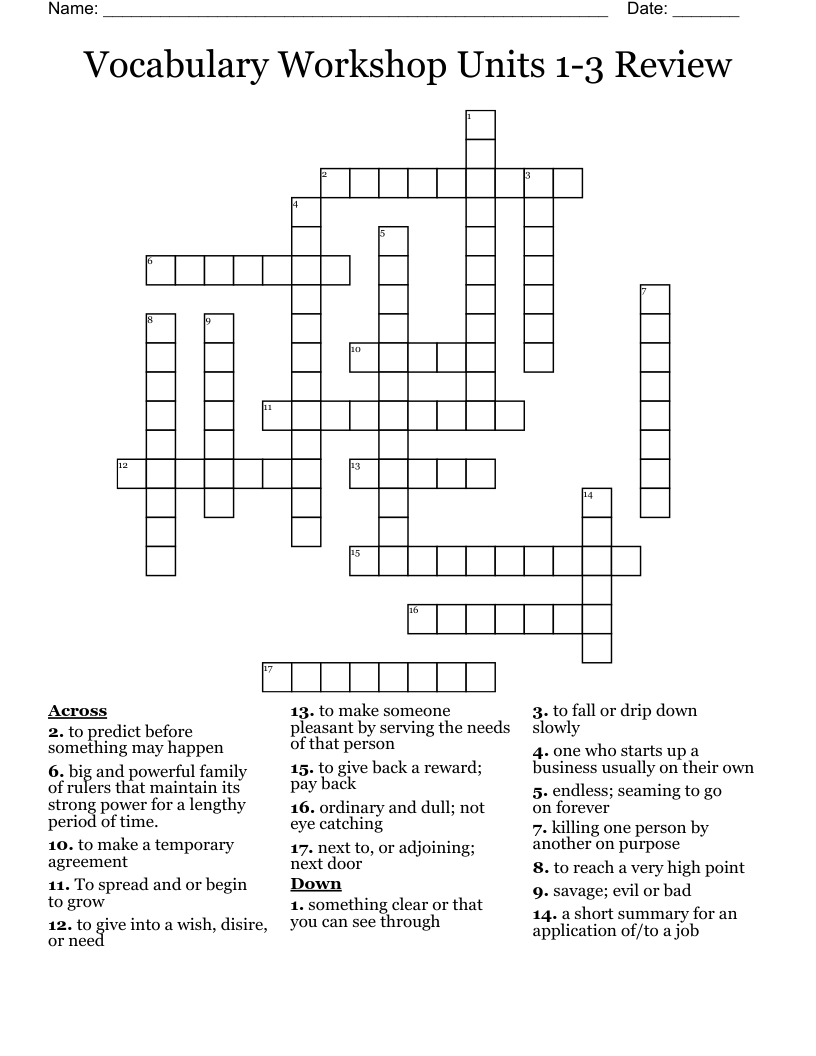 Vocabulary Workshop Units 1-3 Review Crossword