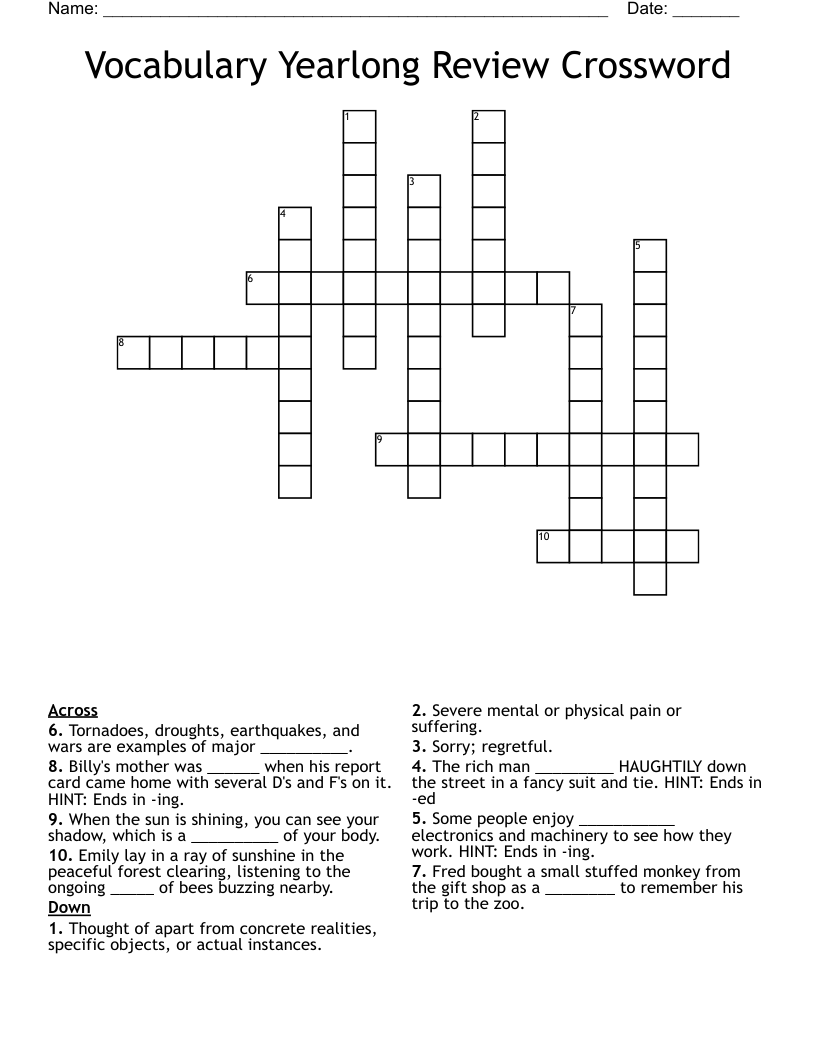 Vocabulary Yearlong Review Crossword