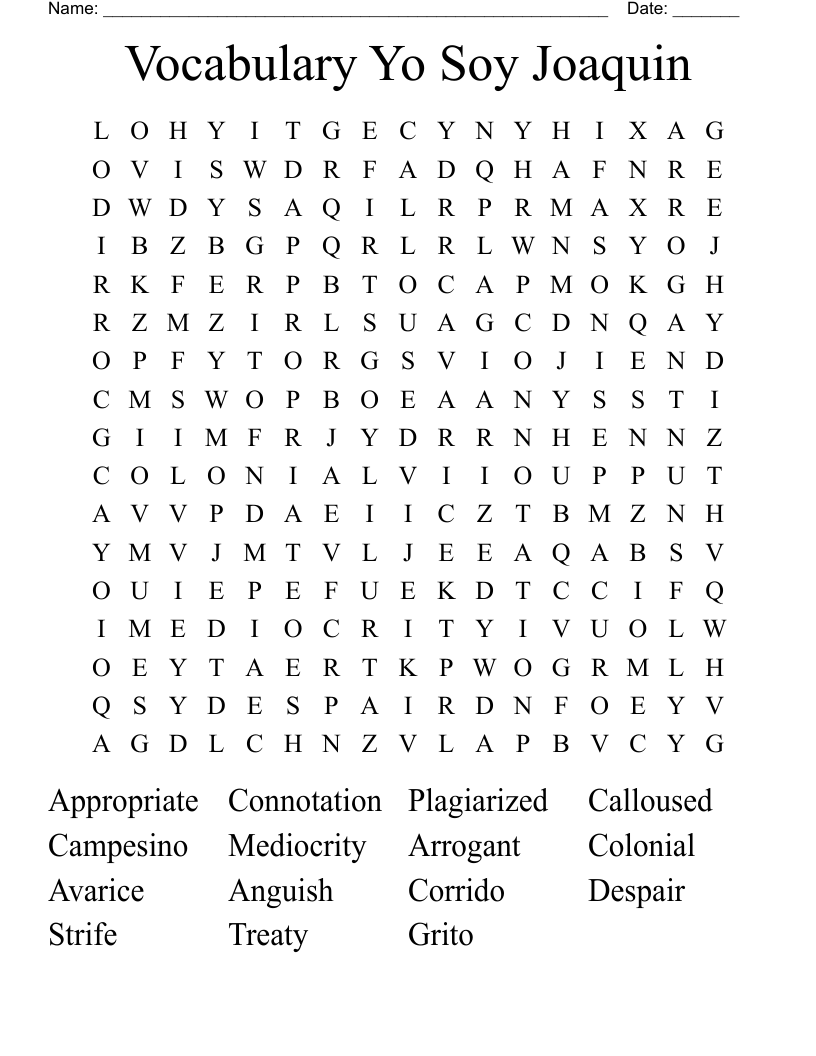 Vocabulary Yo Soy Joaquin  Word Search