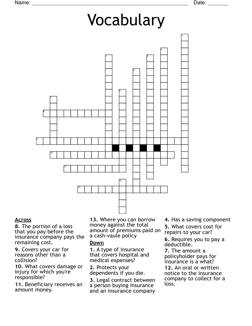 Vocabulary  Crossword