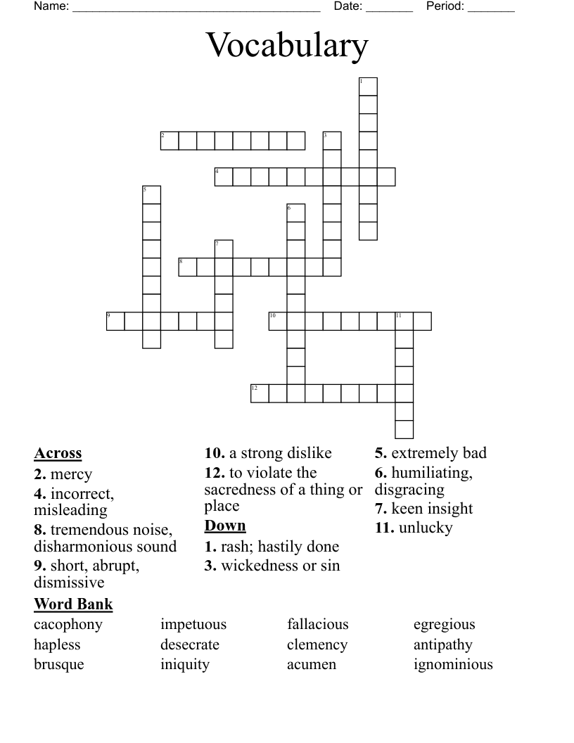 Vocabulary  Crossword