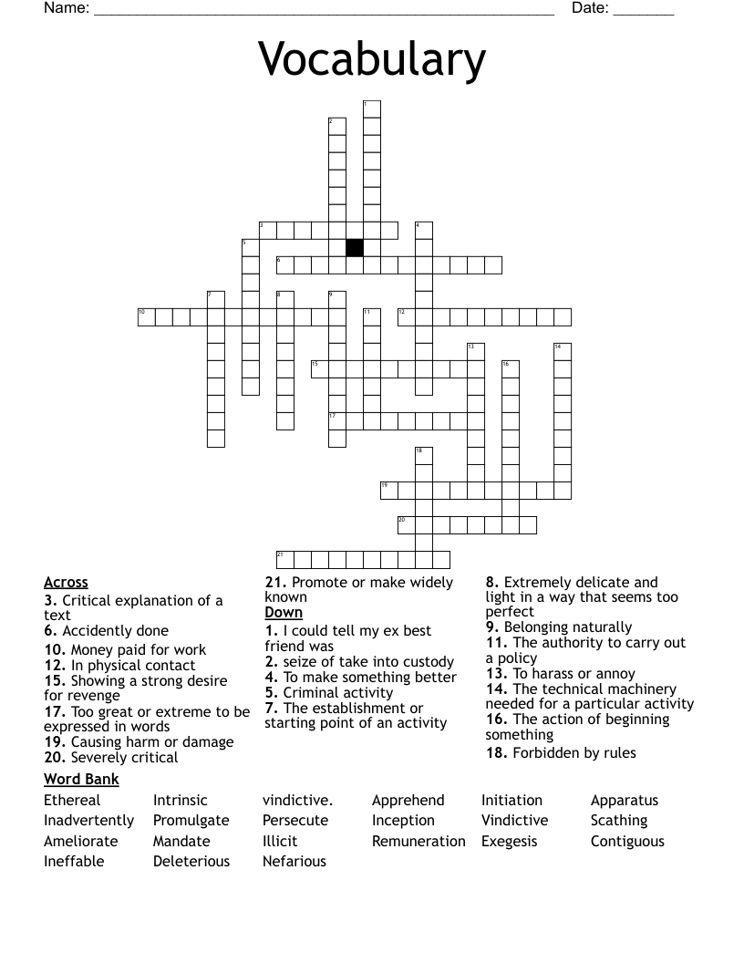 Vocabulary  Crossword