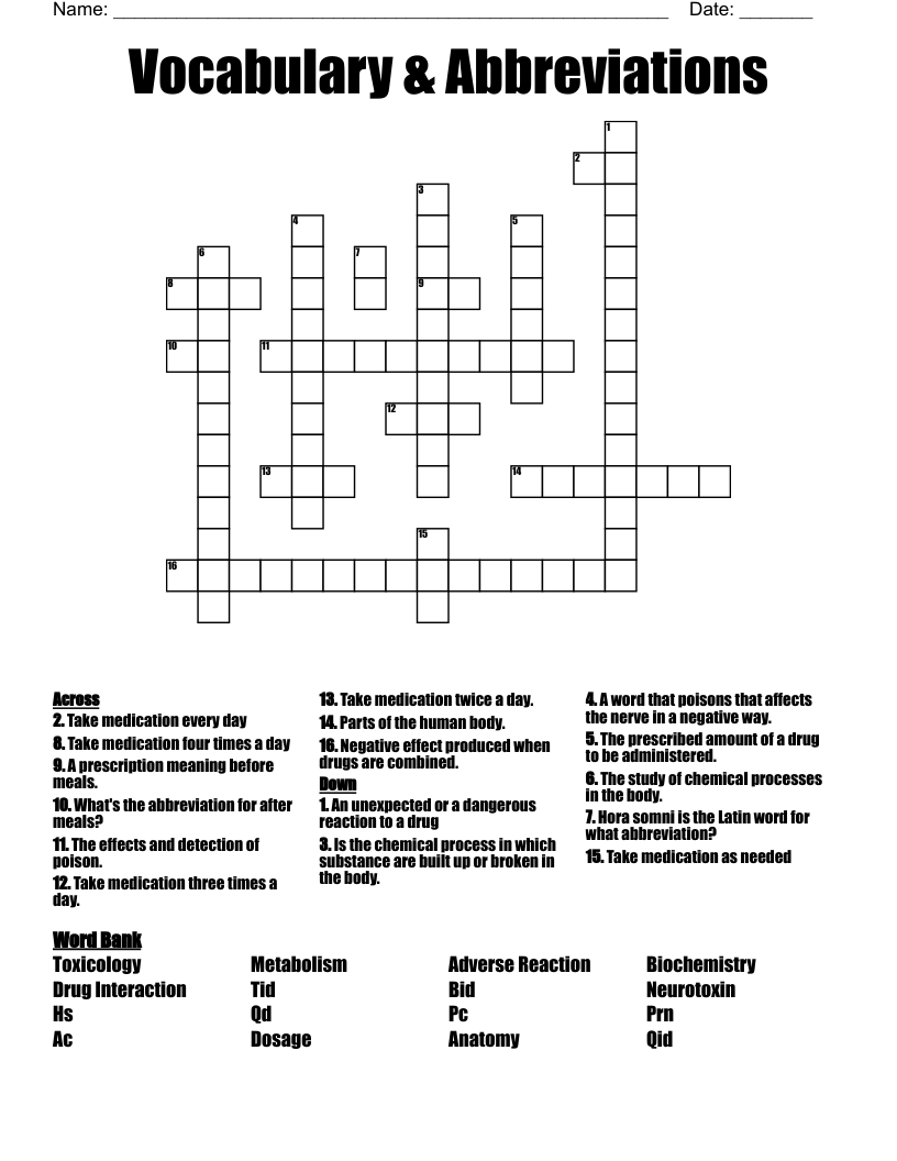 Vocabulary & Abbreviations Crossword