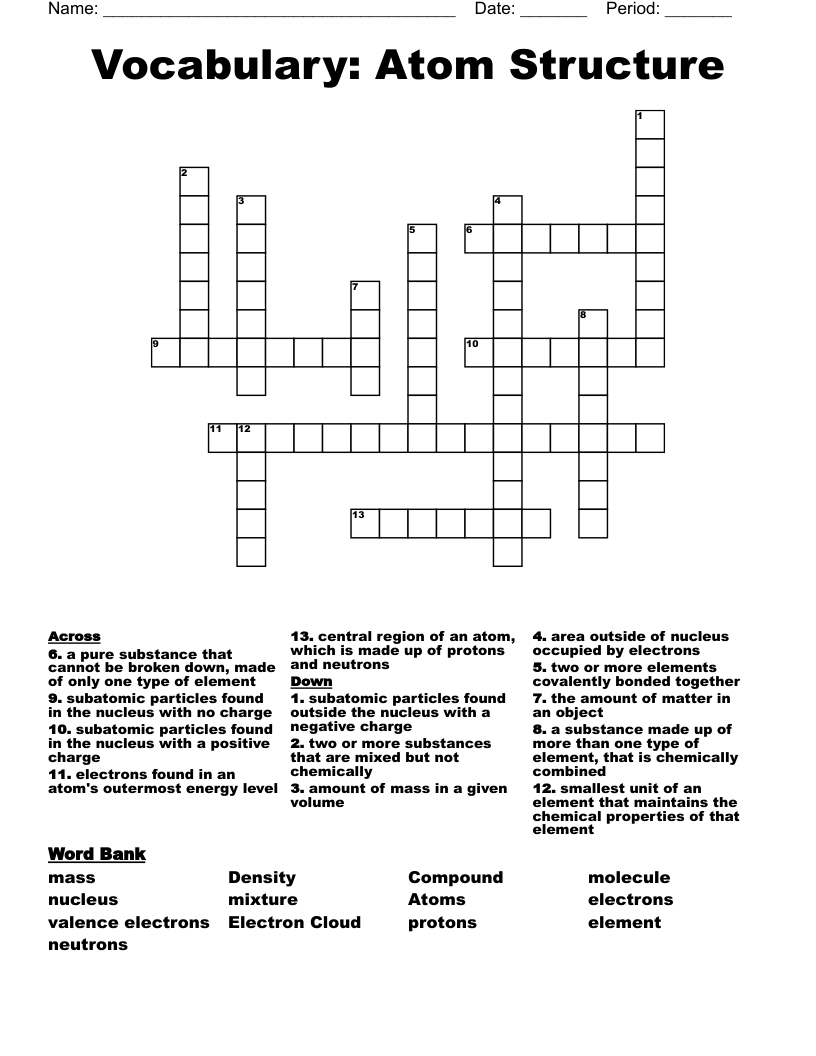 Vocabulary:  Atom Structure Crossword