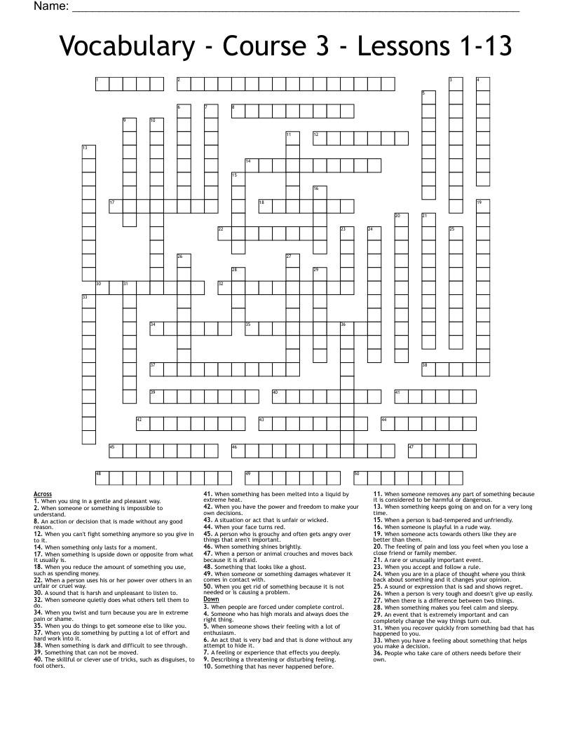 Vocabulary - Course 3 - Lessons 1-13 Crossword
