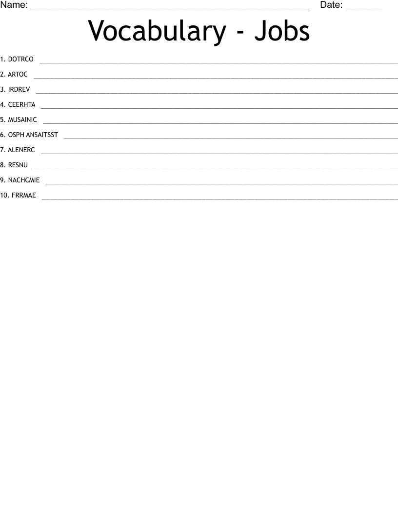 Vocabulary - Jobs Word Scramble