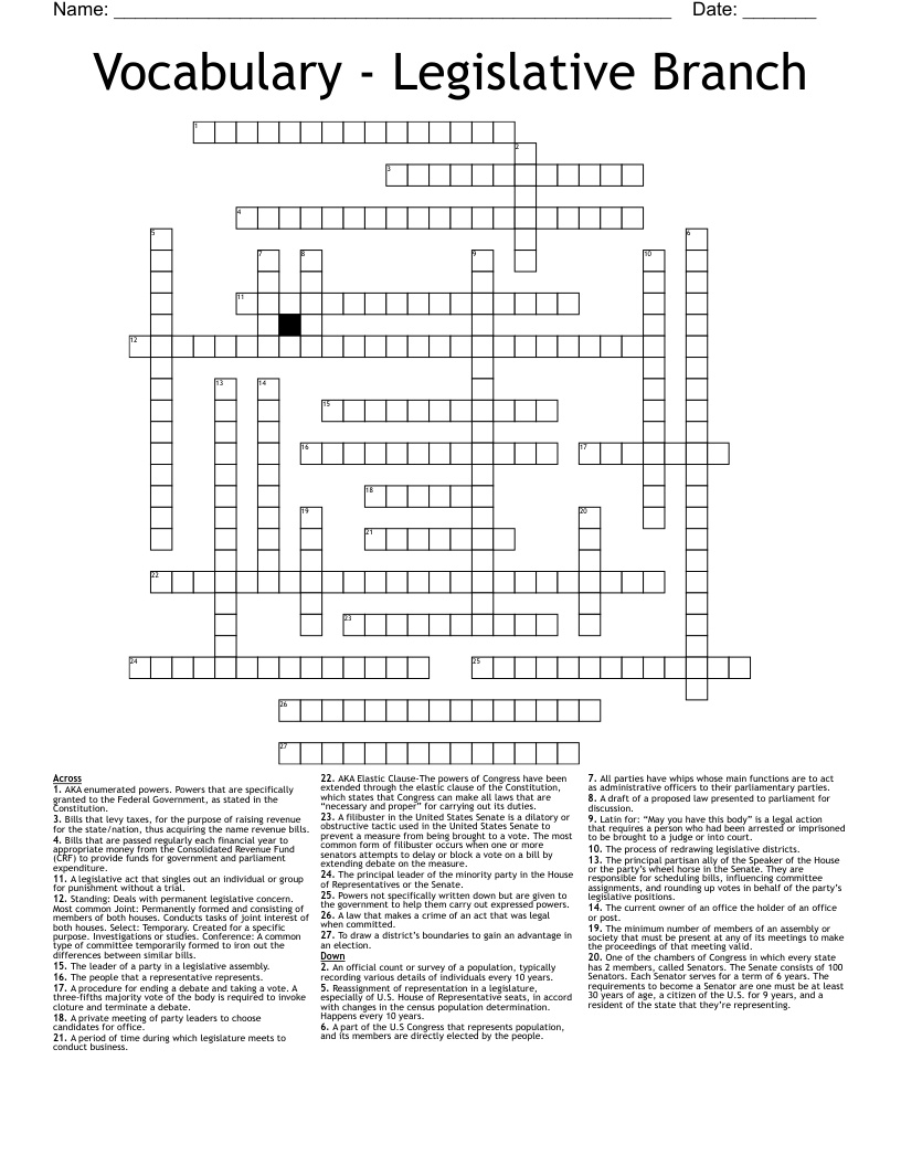 Vocabulary - Legislative Branch Crossword
