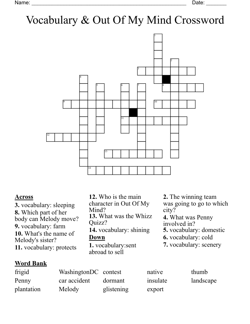 Vocabulary & Out Of My Mind Crossword