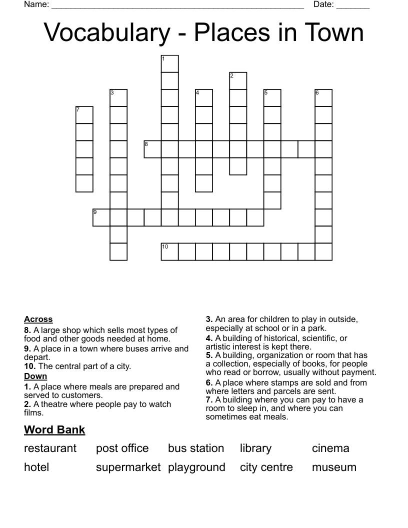 Vocabulary - Places in Town Crossword
